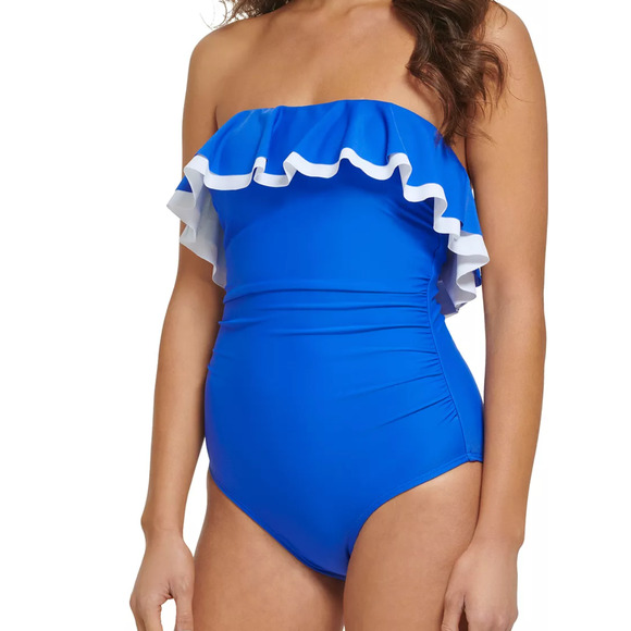 Tommy Hilfiger GULF BLUE Strapless Flounce One-Piece Swimsuit US 6 NWT - Picture 3 of 4